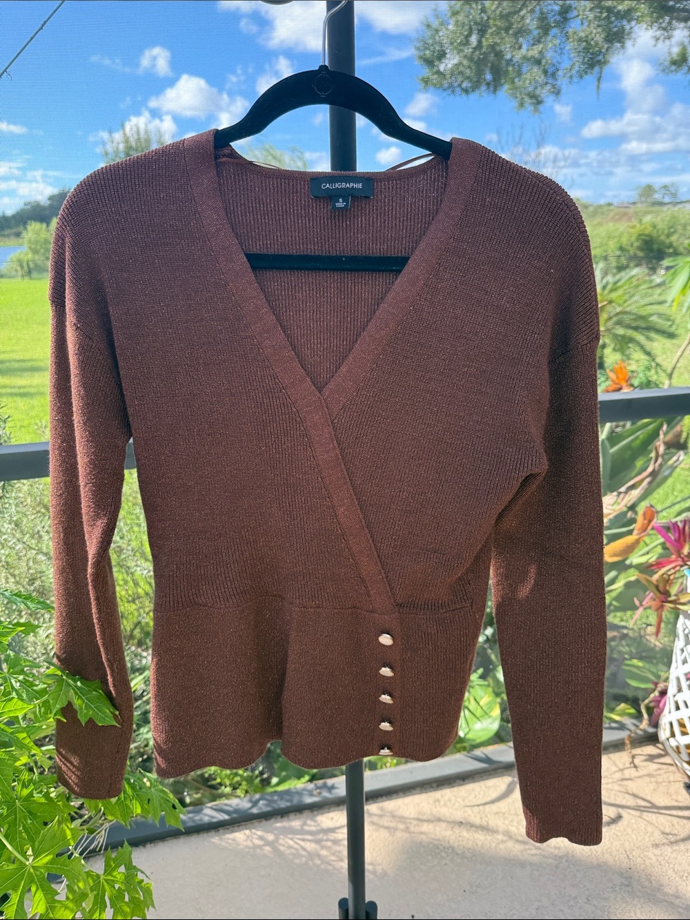 Calliope Brown sparkle V-Neck Wrap Sweater with Button Trim